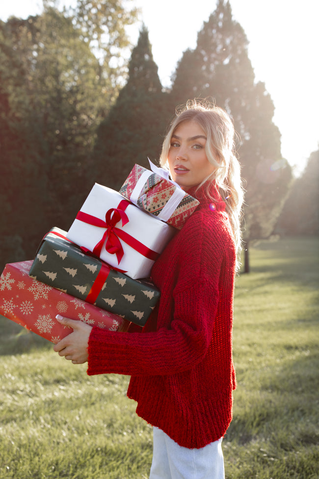 What I Need Red Fuzzy Oversized Turtleneck Sweater