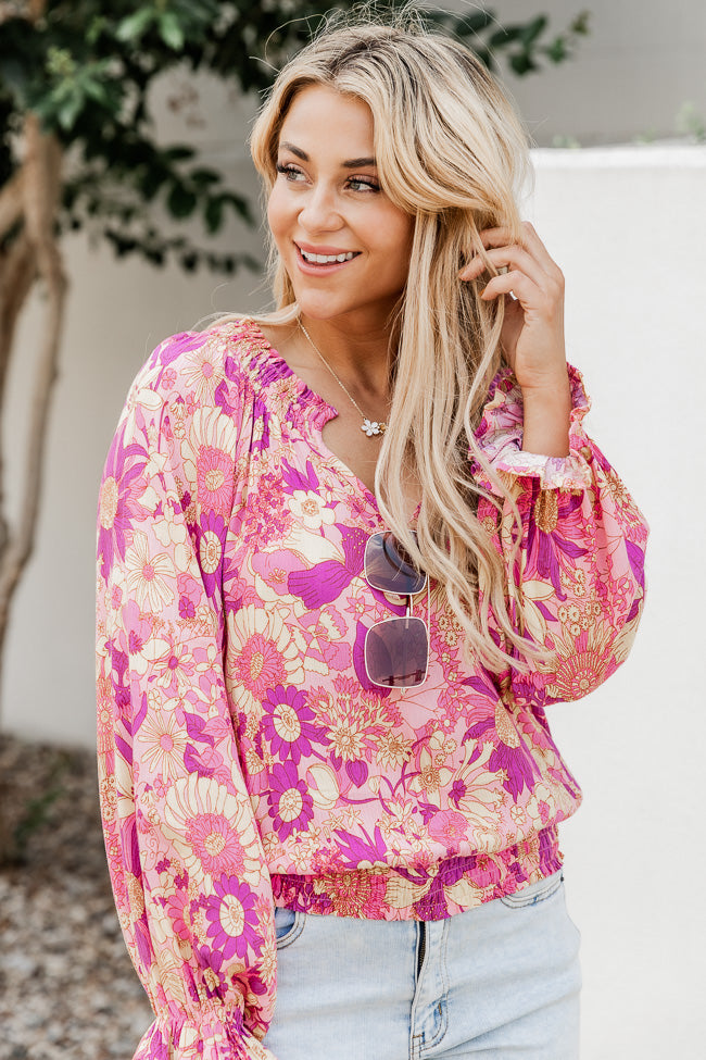 Loving Arms Pink And Purple Notched Neck Floral Blouse FINAL SALE
