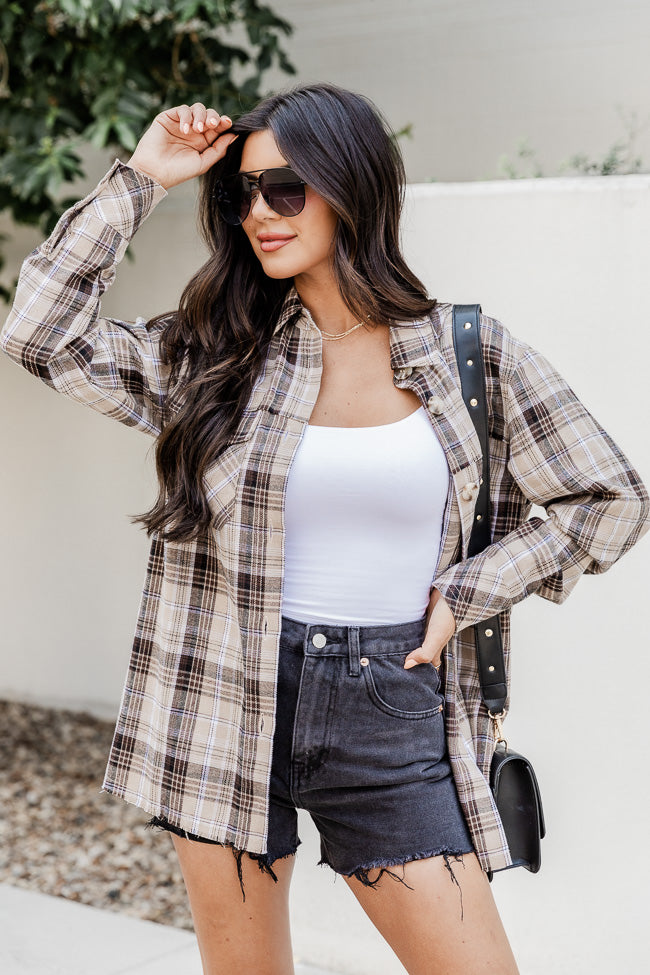 State Of Mind Ivory And Tan Plaid Button Up Blouse FINAL SALE
