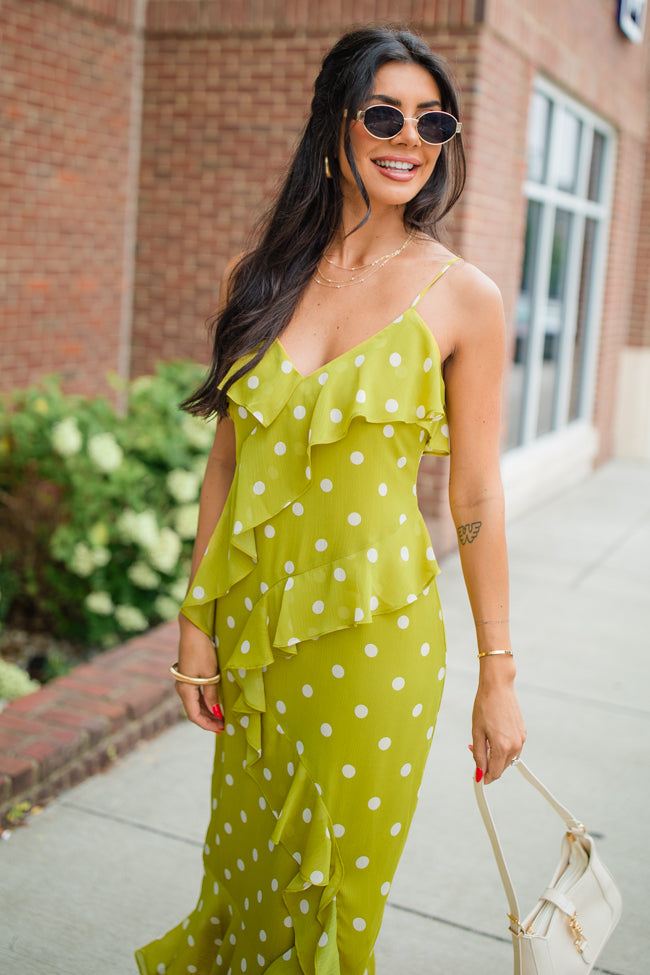 On The Spot Kiwi Ruffle Detail Polka Dot Midi Dress FINAL SALE