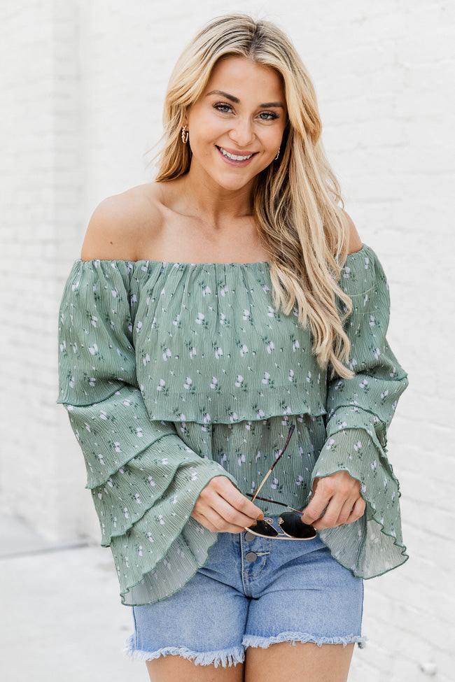 A Better Life Olive Textured Floral Off The Shoulder Tiered Blouse FINAL SALE