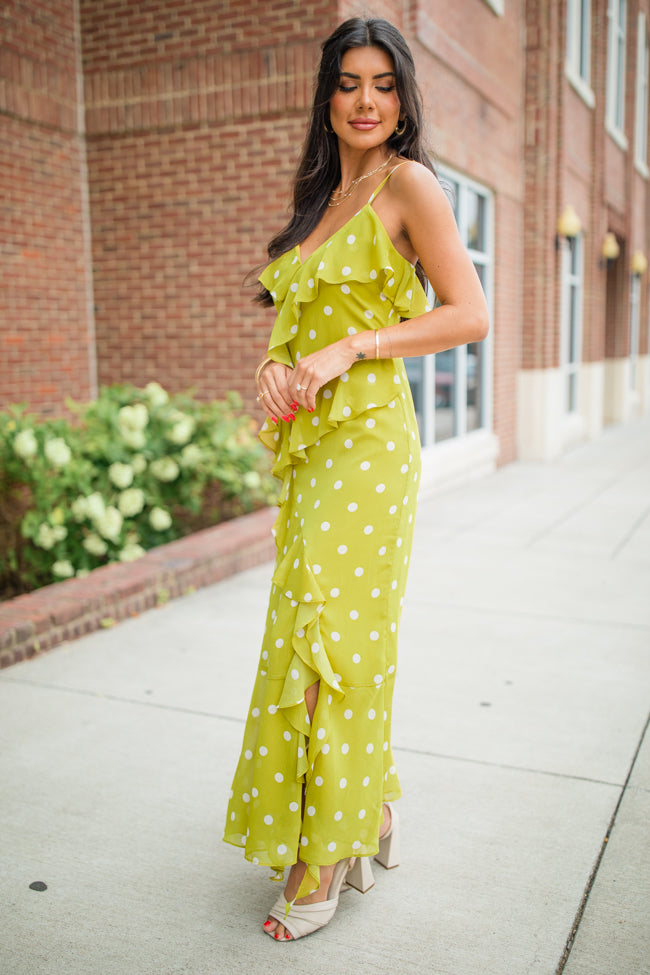 On The Spot Kiwi Ruffle Detail Polka Dot Midi Dress FINAL SALE