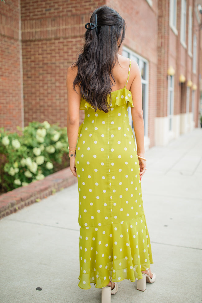 On The Spot Kiwi Ruffle Detail Polka Dot Midi Dress FINAL SALE