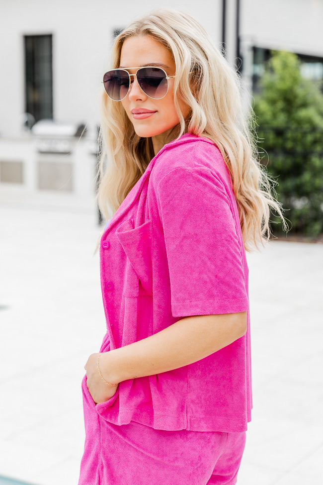 Girls Just Wanna Have Fun Dark Pink Button Up Terry Lounge Top