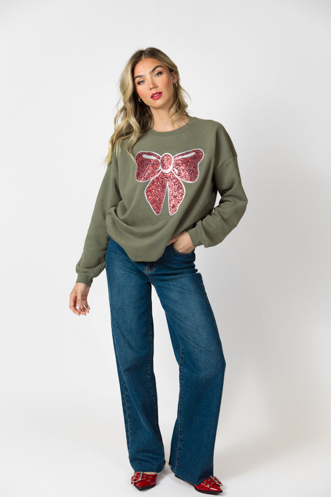 Bow Sequins Patch Olive Oversized Graphic Sweatshirt