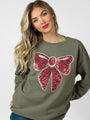 Bow Sequins Patch Olive Oversized Graphic Sweatshirt