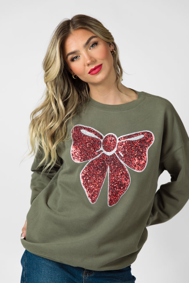 Bow Sequins Patch Olive Oversized Graphic Sweatshirt