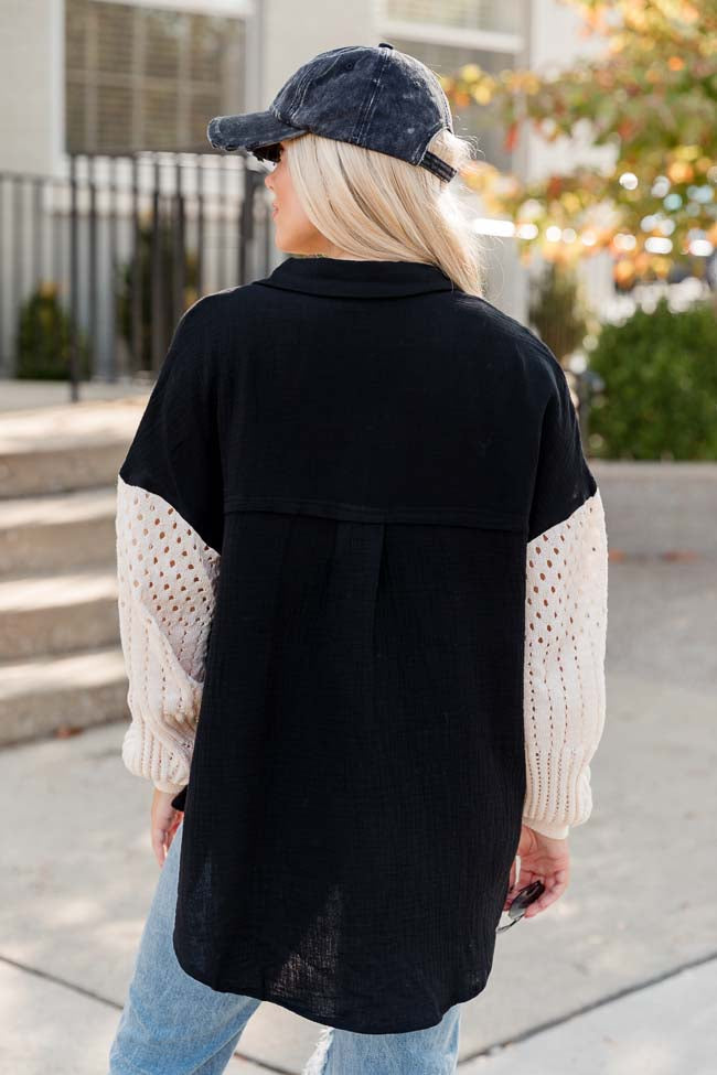 Keep Shining Black and Cream Color Block Crochet Sleeve Gauze Shacket
