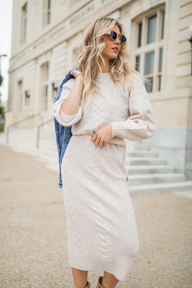 Stay On Your Mind Oatmeal Cable Knit Midi Dress