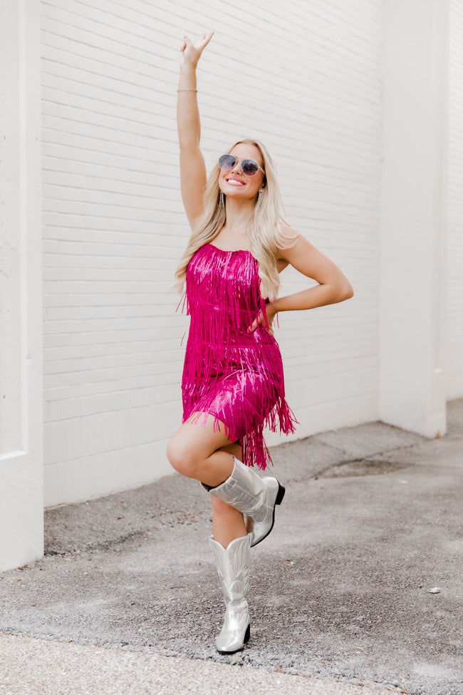 Hot Pink Fringe Mini Dress, Hot Pink Dress with Fringe –