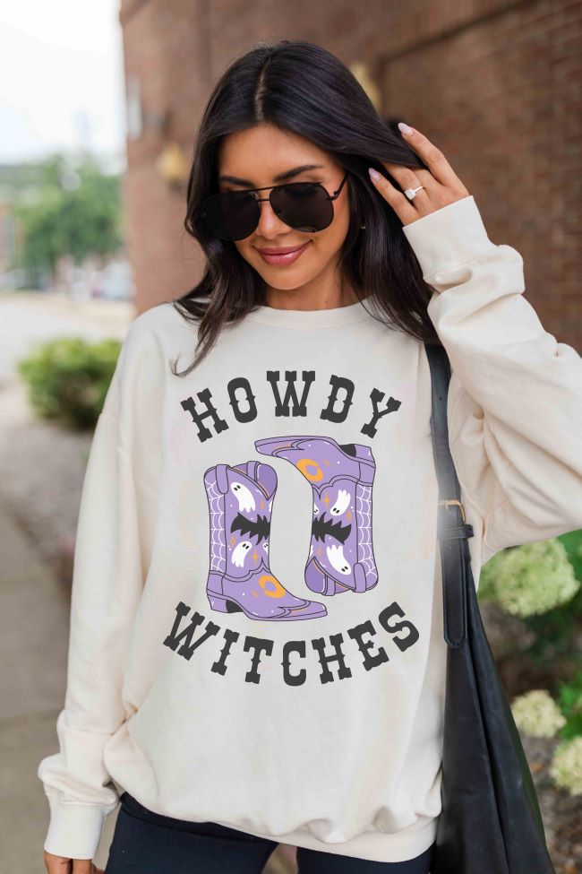 Howdy Witches Cream Oversized Graphic Sweatshirt