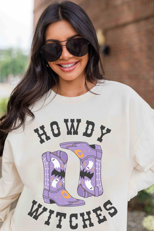 Howdy Witches Cream Oversized Graphic Sweatshirt