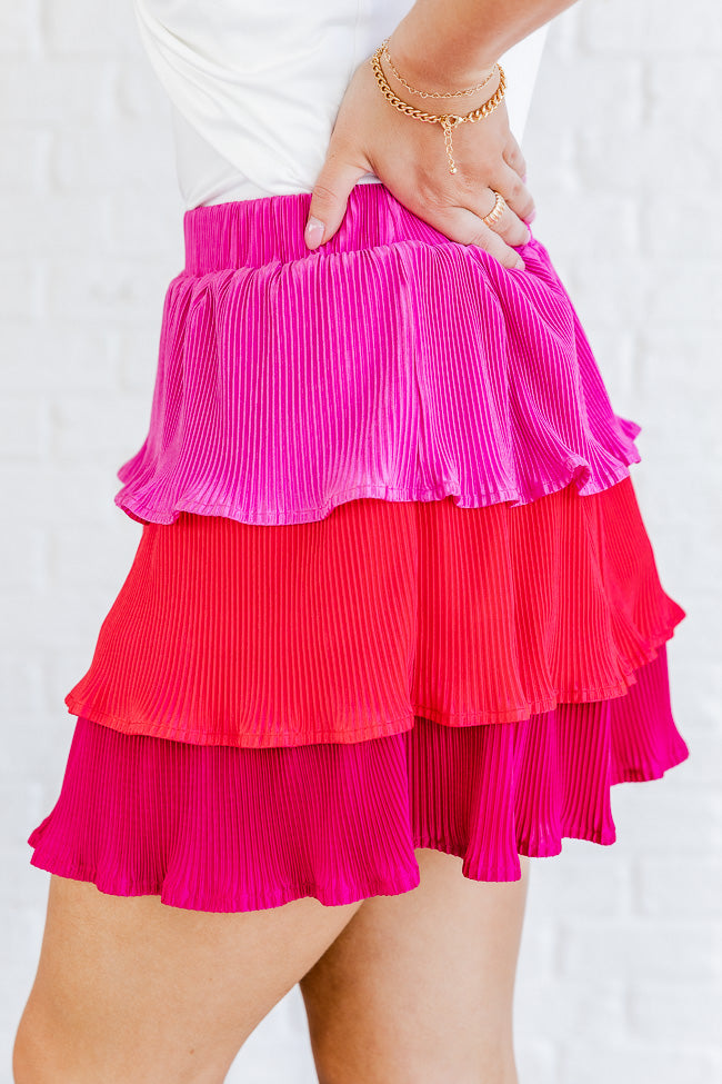 See You At Sunset Pink Colorblock Plisse Tiered Skirt