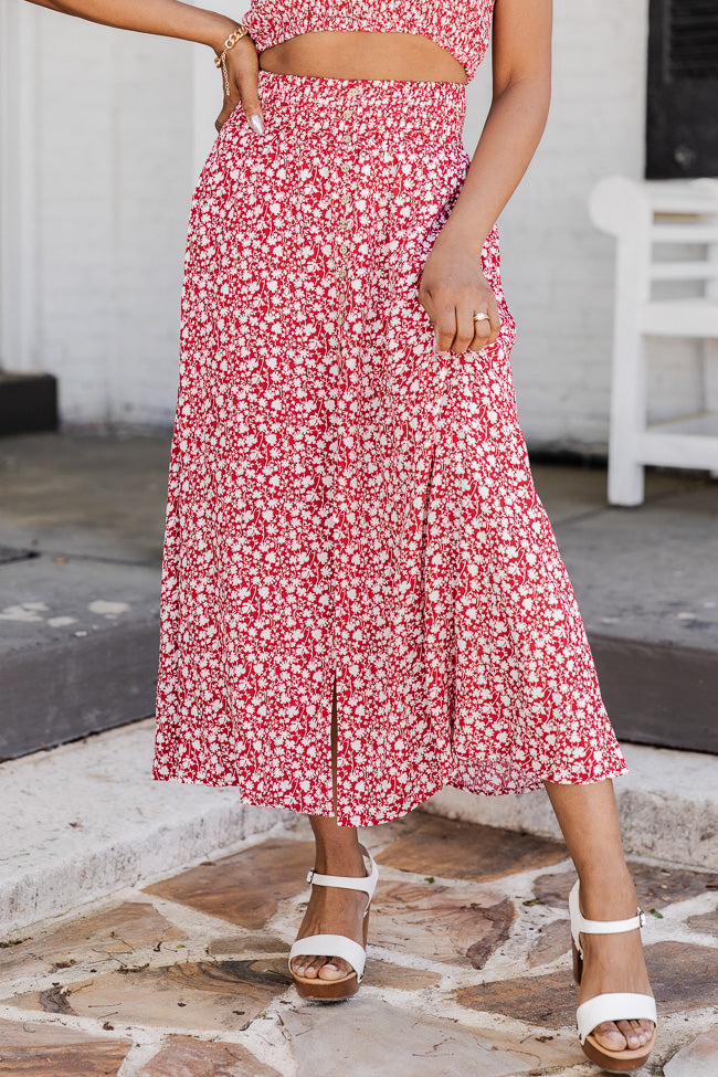 In The Know Red Floral Midi Skirt