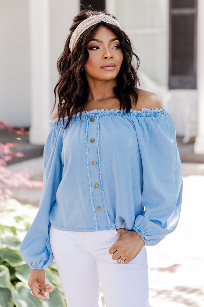 In The Countryside Medium Wash Off The Shoulder Button Front Chambray Blouse FINAL SALE