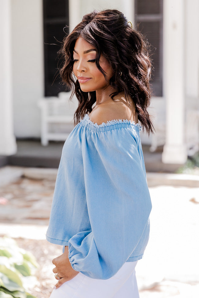 In The Countryside Medium Wash Off The Shoulder Button Front Chambray Blouse FINAL SALE