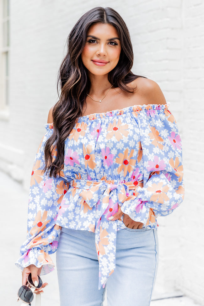 Off The Path Blue Off The Shoulder Belted Blouse