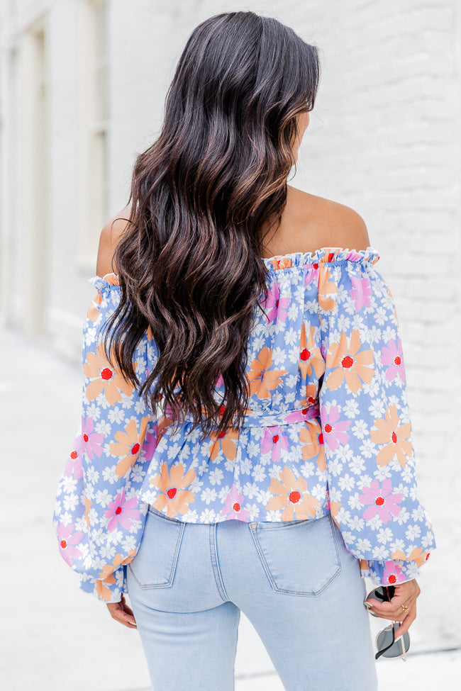 Off The Path Blue Off The Shoulder Belted Blouse