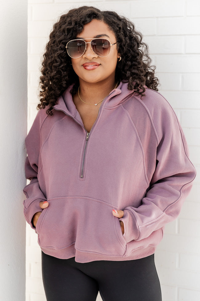 Making It Look Easy Dusty Purple Ribbed Shoulder Quarter Zip Pullover