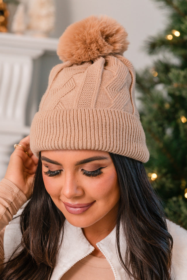Tan Cable Knit Sherpa Lined Beanie
