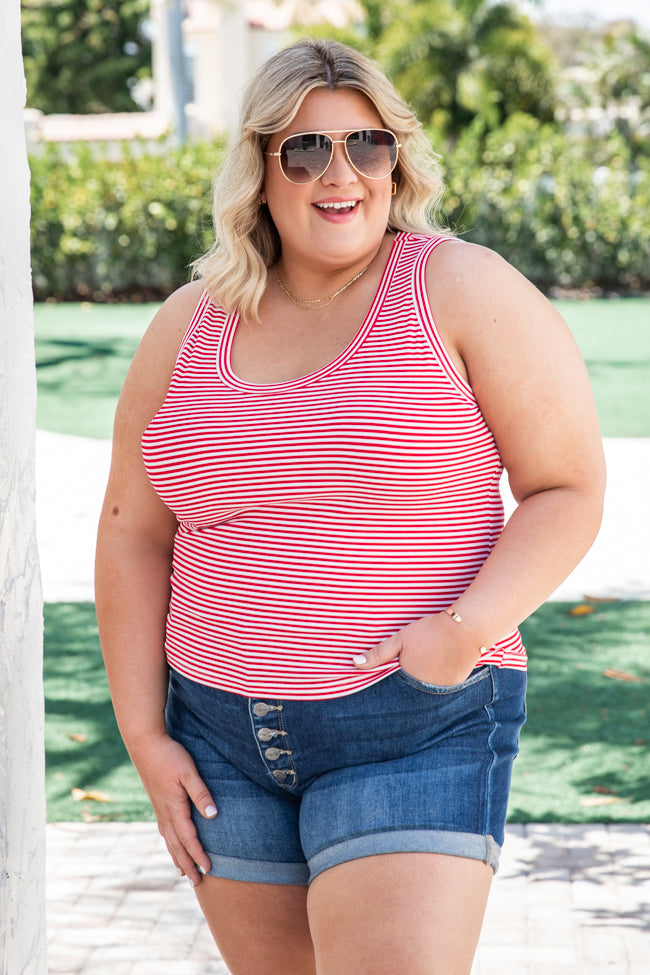 It's So Easy Red and White Ribbed Striped Scoop Neck Tank