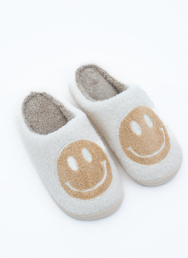 Tan and White Smiley Slippers FINAL SALE