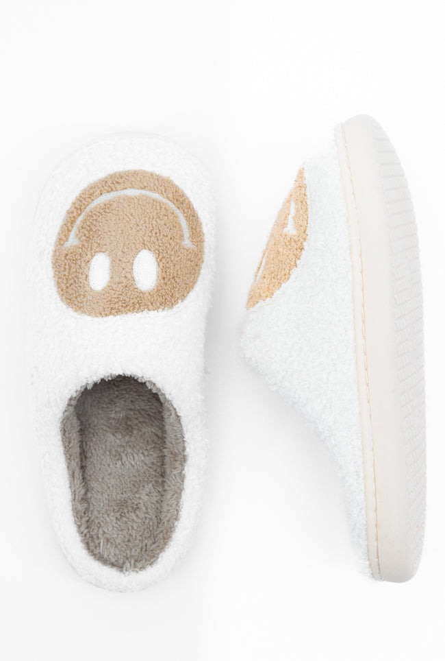 Tan and White Smiley Slippers