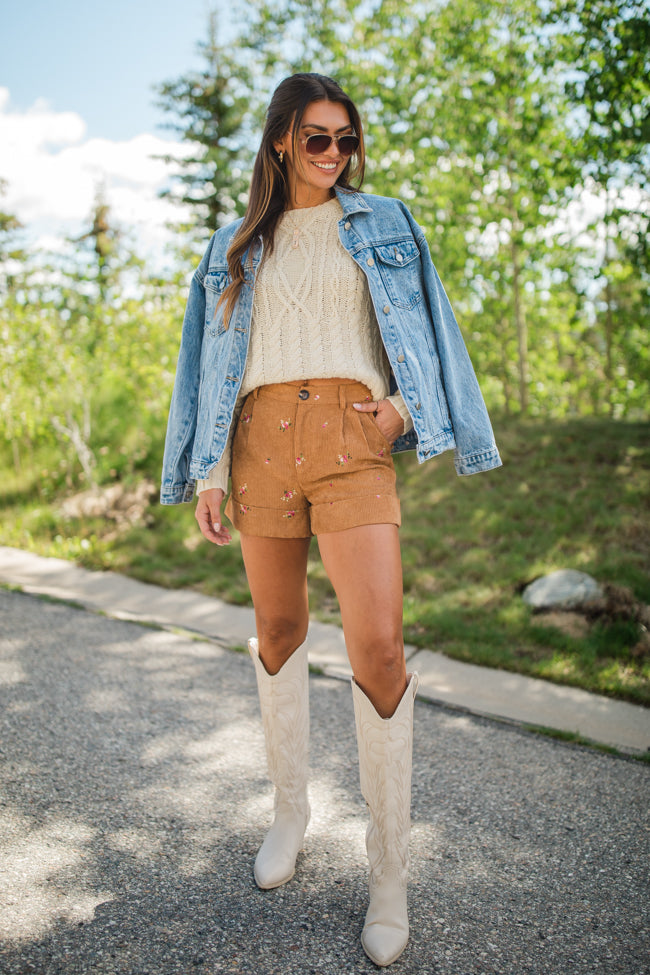 So Glad We're Buds Brown Floral Embroidered Corduroy Shorts