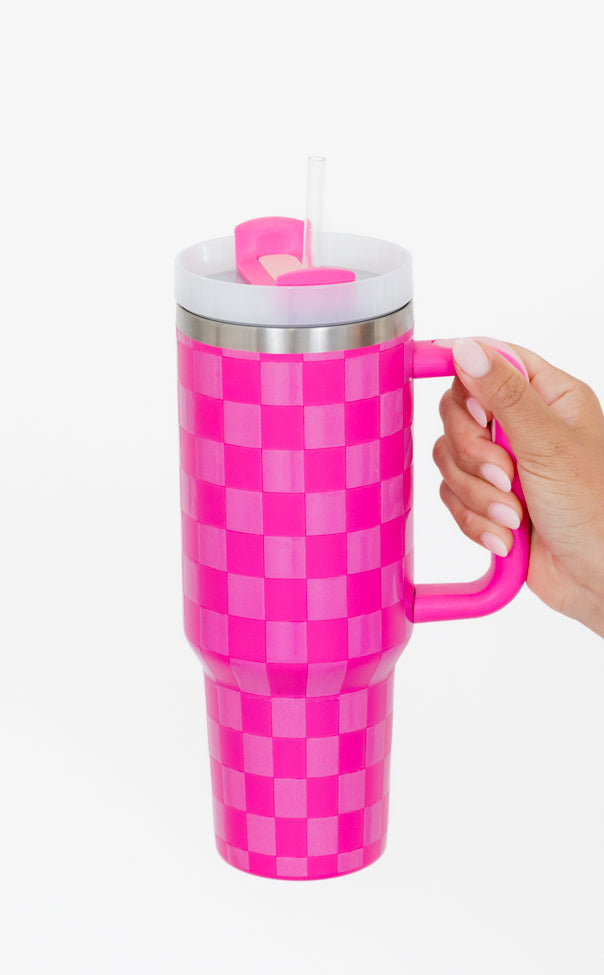 Sippin' Pretty Pink Tonal Checkered 40 oz Drink Tumbler With Lid And Straw FINAL SALE