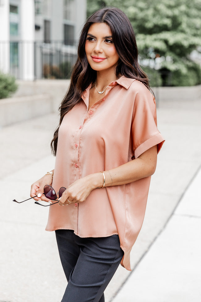I Need More Terracotta Satin Button Front Short Sleeve Blouse