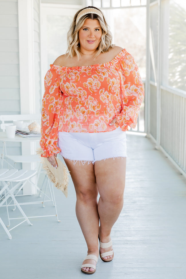 On A Whim Orange Floral Smocked Long Sleeve Blouse