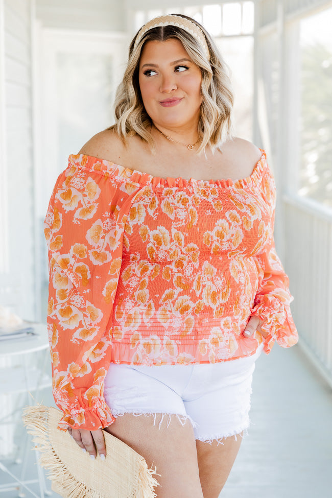 On A Whim Orange Floral Smocked Long Sleeve Blouse FINAL SALE