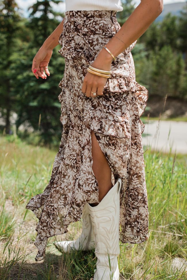 The Way Love Goes Brown Floral Ruffled Detail Midi Skirt