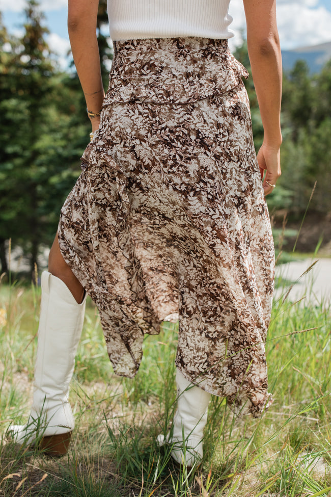 The Way Love Goes Brown Floral Ruffled Detail Midi Skirt