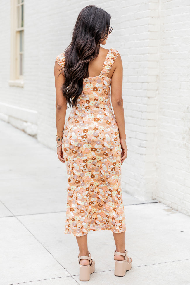 Wait And See Floral Printed Ruffle Strap Midi Dress