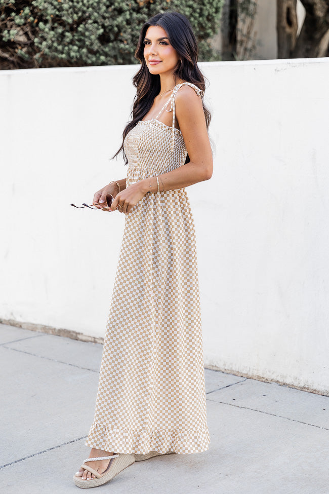All Good Things Taupe Checkered Maxi Dress