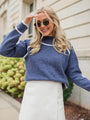 In Between Navy and Ivory Contrast Stitch Mock Neck Sweater