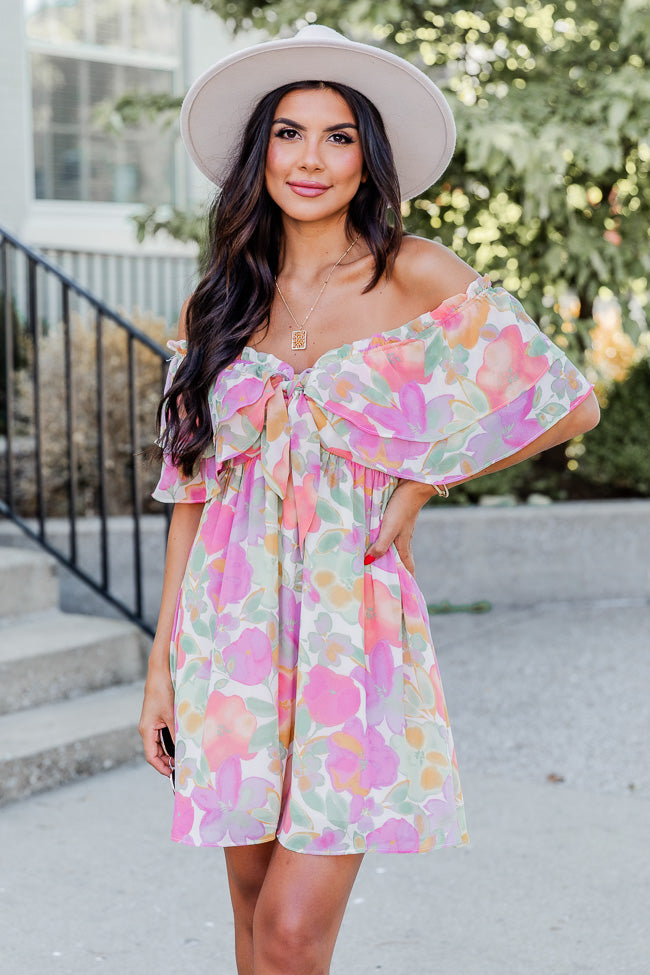 Just A Memory Multi Floral Cinched Bust Off The Shoulder Mini Dress