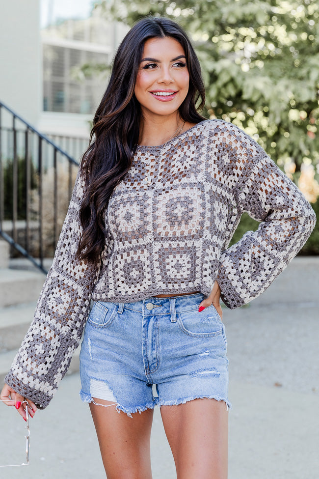 See You Go Taupe And Grey Crochet Sweater FINAL SALE