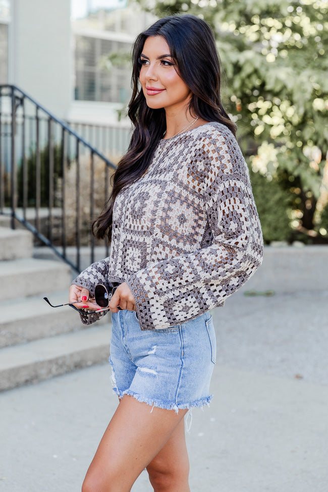 See You Go Taupe And Grey Crochet Sweater FINAL SALE