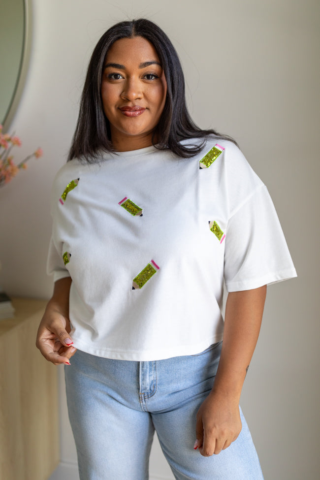 Study Break Green Pencil Patch Ivory T-Shirt