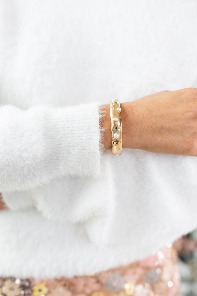 Gold Stretch Bracelet with Multi Rhinestone and Pearl Studded Accents