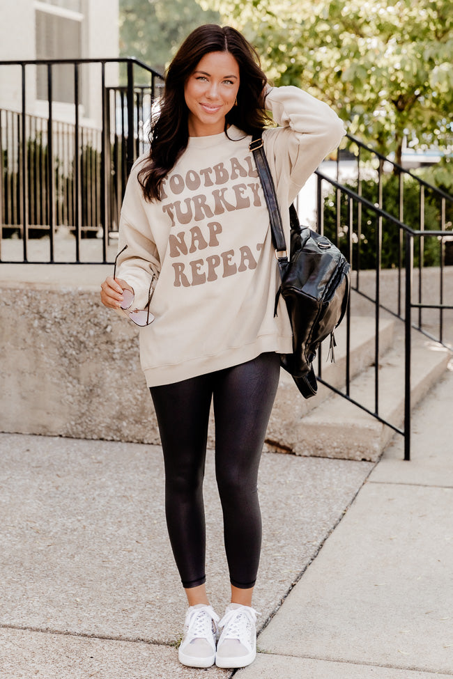 Football Turkey Nap Repeat Light Tan Oversized Graphic Sweatshirt