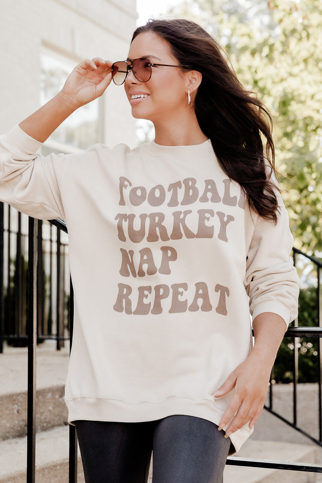 Football Turkey Nap Repeat Light Tan Oversized Graphic Sweatshirt