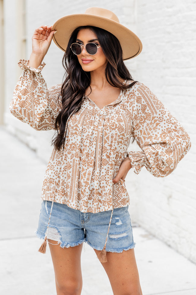 It Was Beautiful Brown Printed Notched Neck Blouse FINAL SALE