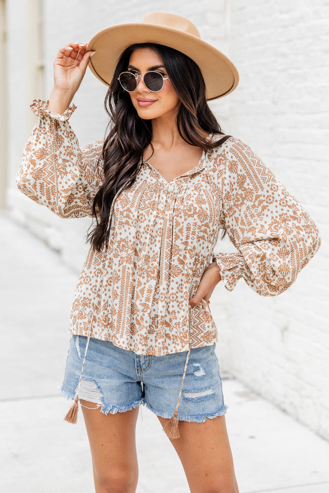 It Was Beautiful Brown Printed Notched Neck Blouse