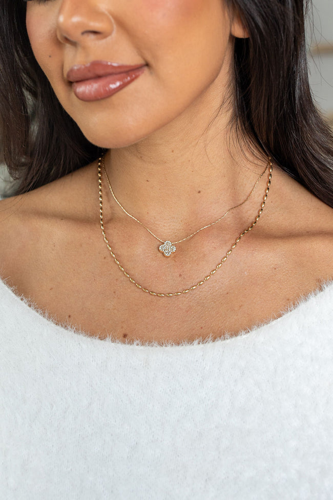 Double Layered Knot Chain with Rhinestone Clover Necklace