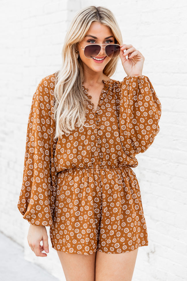 Take Your Chance Brown Daisy Printed Long Sleeve Romper