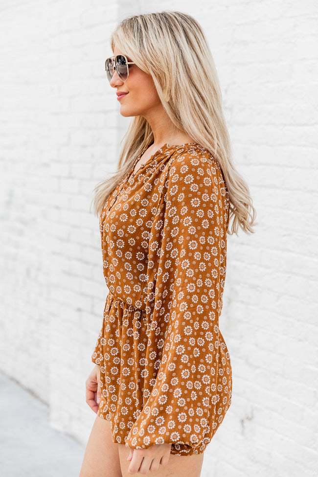 Take Your Chance Brown Daisy Printed Long Sleeve Romper