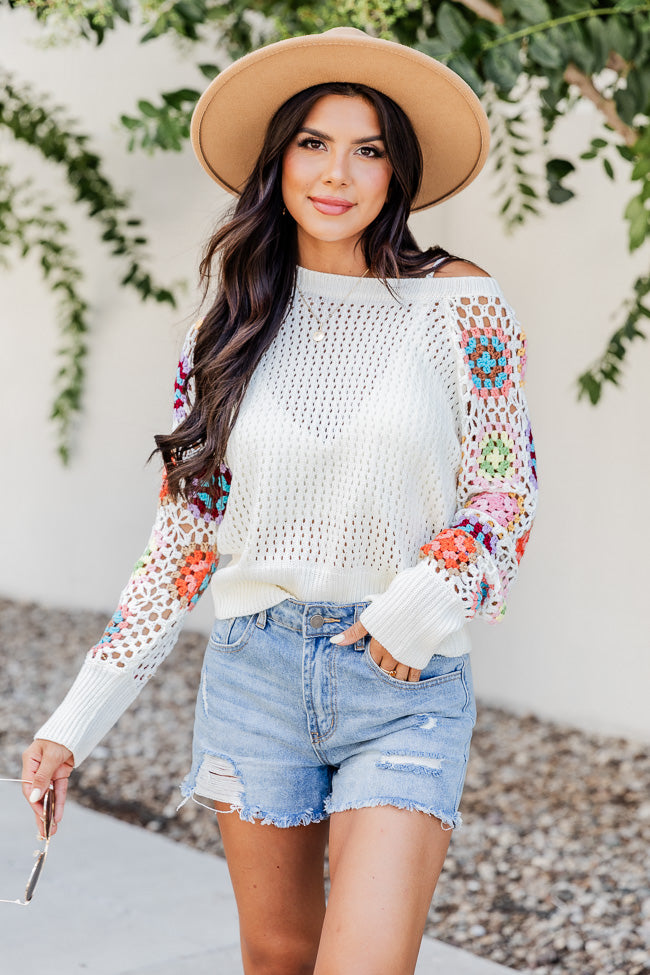 A Wonderful Life Ivory Multi Crochet Sleeve Sweater – Pink Lily